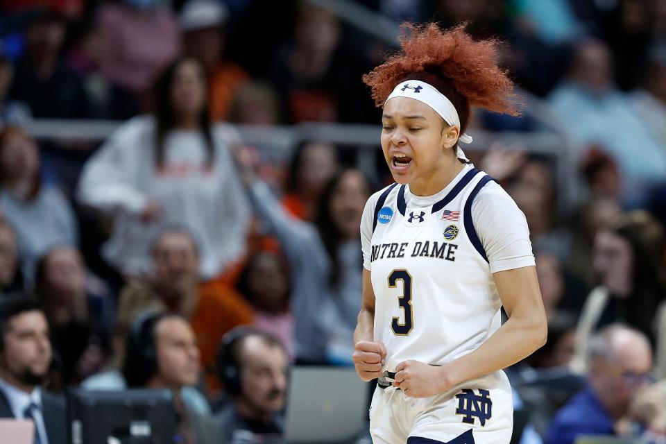 Notre Dame's Hannah Hidalgo reacts to a play against Oregon State in their Sweet 16 game of the NCAA Tournament on March 29 in Albany, N.Y.