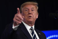 President Donald Trump speaks at Trump National Golf Club Bedminster in Bedminster, N.J., Friday, Aug. 7, 2020. (AP Photo/Susan Walsh)