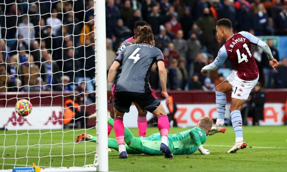 Jacob Ramsey’s effort was disallowed for a foul on Kasper Schmeichel.