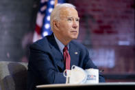 Democratic presidential candidate former Vice President Joe Biden attends a virtual public health briefing at The Queen theater in Wilmington, Del., Wednesday, Oct. 28, 2020. (AP Photo/Andrew Harnik)