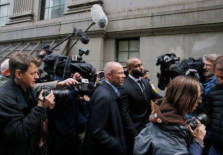 Stormy Daniels' attorney Michael Avenatti leaves federal court surrounded by news media in the Manhattan borough of New York City, New York, U.S., April 16, 2018. REUTERS/Lucas Jackson