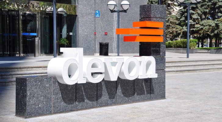 A sign for Devon Energy (DVN) out front of a company office in Calgary, Canada.