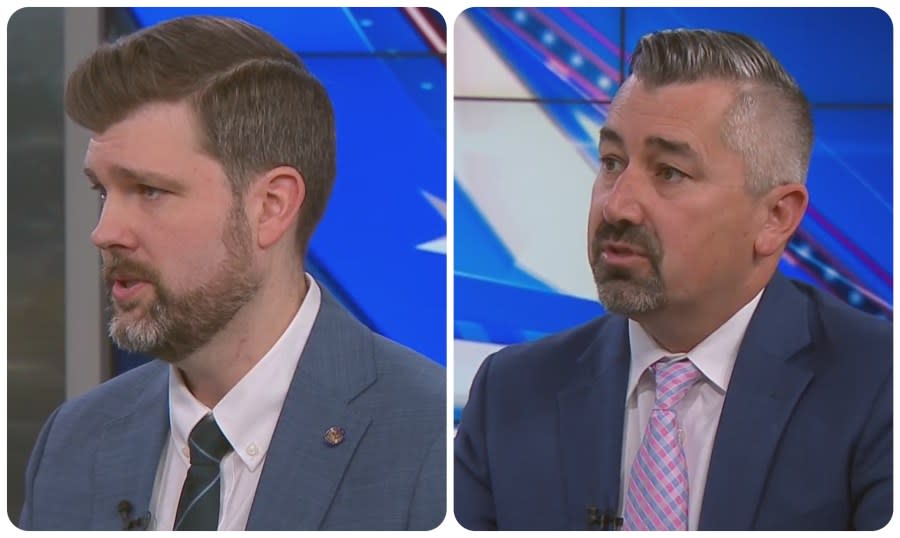 Left: Multnomah County District Attorney Mike Schmidt; Right: Multnomah County Senior Deputy District Attorney Nathan Vasquez (Credit: KOIN/Eye on Northwest Politics)