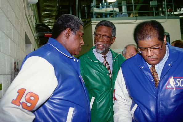 CLEVELAND - FEBRUARY 7: A behind the scenes view of Willis Reed, Wes Unseld and Bill Russell as the NBA celebrates the naming of the 50 greatest players during NBA All-Star weekend on February 7, 1997 in Cleveland, Ohio.  NOTE TO USER:  User expressly acknowledges and agrees that, by downloading and or using this photograph, User is consenting to the terms and conditions of the Getty Images License Agreement.  Mandatory Copyright Notice: Copyright 1997 NBAE  (Photo by Kevin Reeves/NBAE via Getty Images)