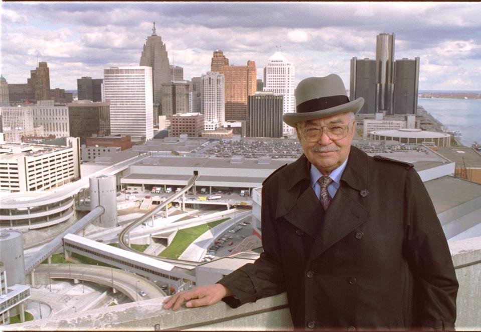 Detroit Mayor Coleman Young served five terms as mayor of Detroit from 1974 to 1994. In this 1989 photo, he poses for atop the Riverfront Apartments overlooking downtown Detroit.