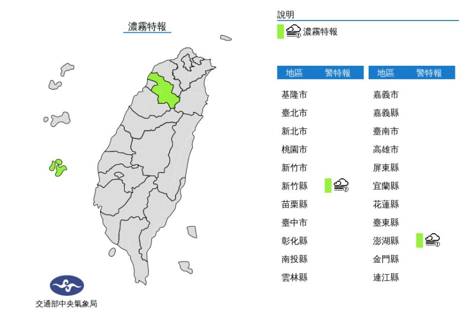 澎湖及新竹地區濃霧特報。