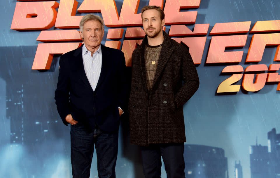 The Blade Runner 2049 starring Ryan Gosling and Harrison Ford has been cancelled. The screening of the film is still set to go ahead. The actors are pictured here at the photocall last week in London. Source: Getty