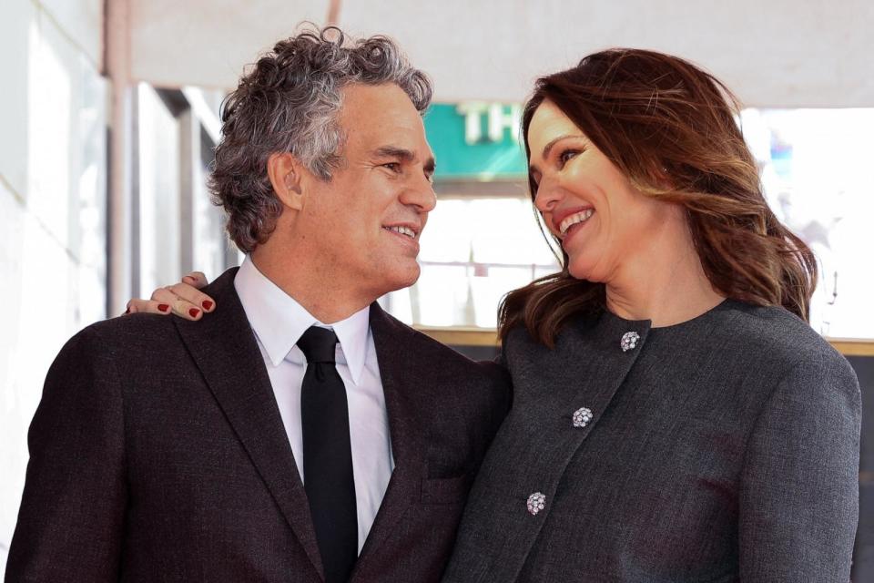 PHOTO: Actors Jennifer Garner and Mark Ruffalo react during the unveiling ceremony of Ruffalo's star on the Hollywood Walk of Fame in Los Angeles, Feb. 8, 2024.  (Mario Anzuoni/Reuters)