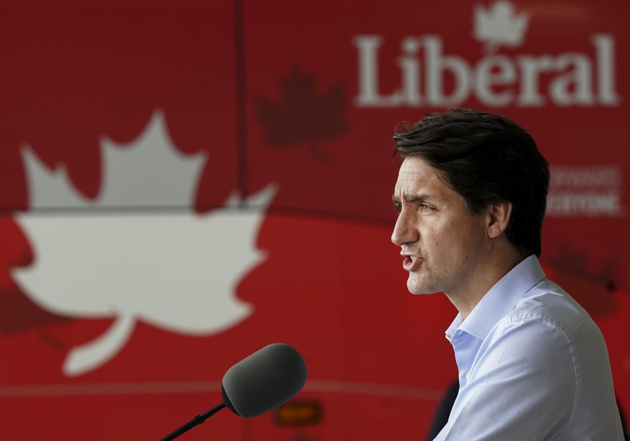 <span class="caption">Liberal Leader Justin Trudeau makes a stop in an airplane hangar during the Canadian federal election campaign in Mississauga, Ont. </span> <span class="attribution"><span class="source">THE CANADIAN PRESS/Nathan Denette </span></span>