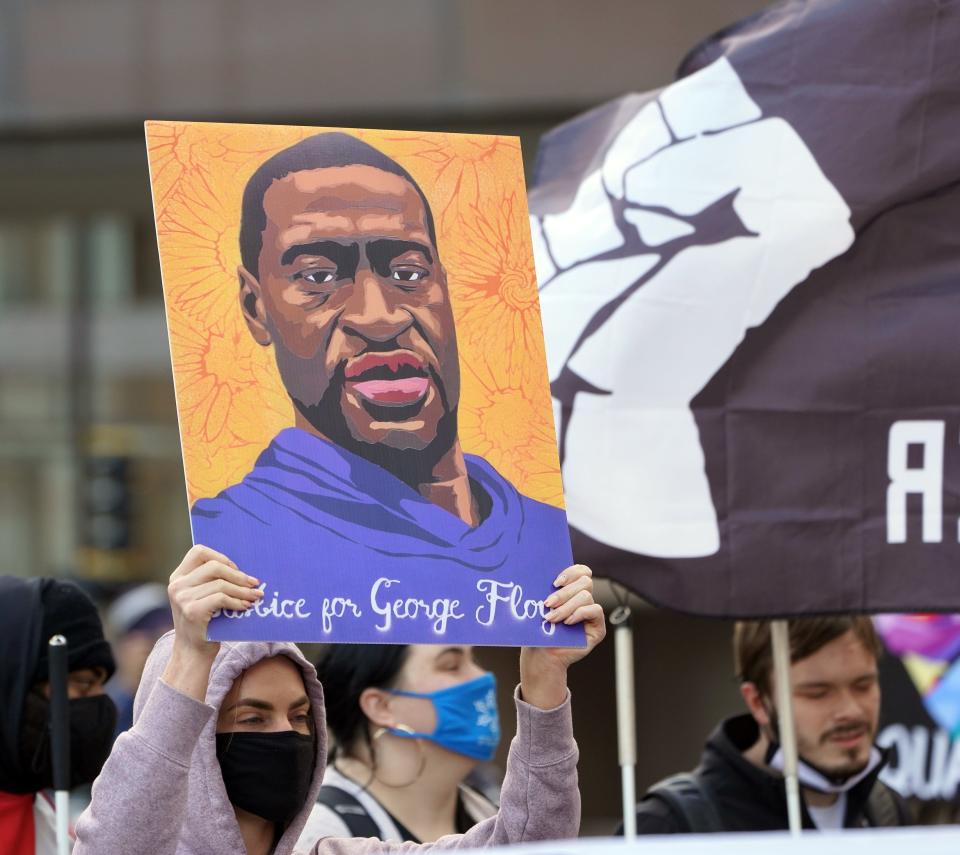 Vanessa Boerhave, 33, of Minneapolis, protests on March 29, the first day of the trial against former Minneapolis police Officer Derek Chauvin, who is accused of killing George Floyd.