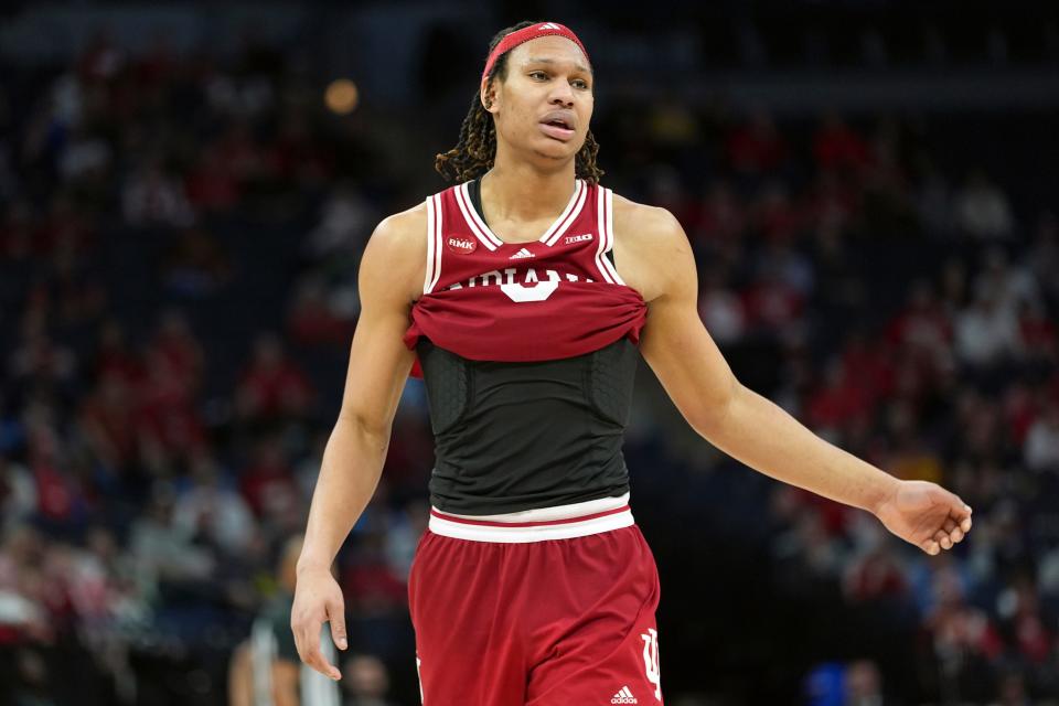 Indiana forward Malik Reneau walks to the sideline after fouling out during the second half of an NCAA college basketball game against Nebraska in the quarterfinal round of the Big Ten Conference tournament, Friday, March 15, 2024, in Minneapolis. (AP Photo/Abbie Parr)