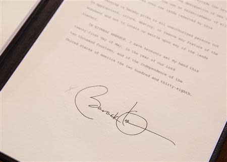 The signature of U.S. President Barack Obama on a proclamation establishing the Organ Mountains-Desert Peaks National Monument in south-central New Mexico is seen at the Department of Interior in Washington May 21, 2014. REUTERS/Larry Downing