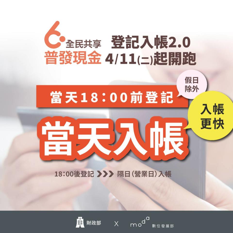 數位發展部今（6）天表示，「登記入帳2.0」將於4/11上線，當天登記，當天18:00就會入帳，18點後登記者，將次隔日入帳。   圖：數位部提供