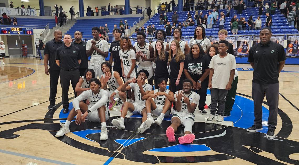 The Mansfield Lake Ridge boys basketball team poses after defeating Waxahachie 78-63 in a Class 5A Region II quarterfinal on Monday, February 26, 2024 at Midlothian High School in Midlothian, Texas. Darren Lauber/Fort Worth Star-Telegram