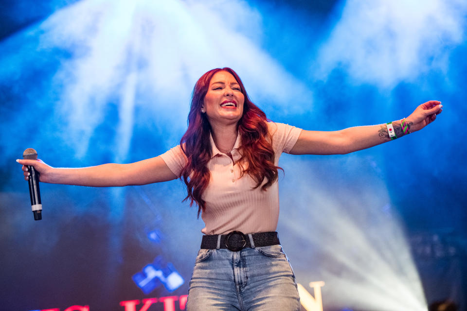 LONDON, ENGLAND - SEPTEMBER 04:  (EDITORIAL USE ONLY) Natasha Hamilton of Atomic Kitten performs on the House of Love Stage during Mighty Hoopla 2021 at Brockwell Park on September 4, 2021 in London, England.  (Photo by Joseph Okpako/WireImage for ABA)