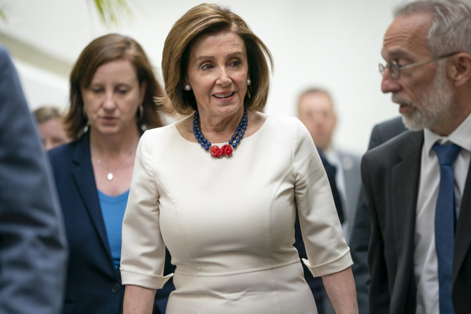 Speaker of the House Nancy Pelosi, D-Calif., leaves a caucus meeting on Capitol Hill in Washington, Wednesday, June 12, 2019. House Democrats are angling to spotlight damning allegations from special counsel Robert Mueller's report Wednesday, focusing on contacts between the Trump 2016 presidential campaign and Russia. (AP Photo/J. Scott Applewhite)