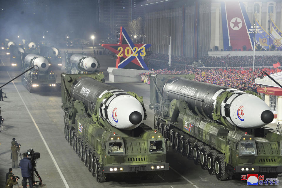 This photo provided by the North Korean government shows what it says are intercontinental ballistic missiles on display during a military parade to mark the 75th founding anniversary of North Korea's army at Kim Il Sung Square in Pyongyang, North Korea, Wednesday, Feb. 8, 2023. Independent journalists were not given access to cover the event depicted in this image distributed by the North Korean government. The content of this image is as provided and cannot be independently verified. Korean language watermark on image as provided by source reads: "KCNA" which is the abbreviation for Korean Central News Agency. (Korean Central News Agency/Korea News Service via AP)