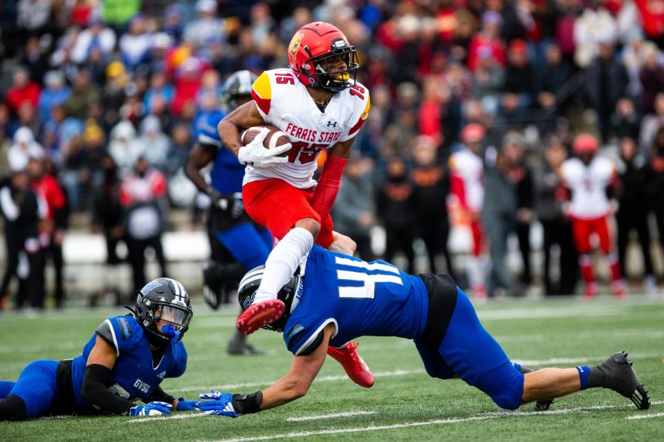 Ferris State's Xavier Wade hudles a Grand Valley tackler Saturday, Oct. 14, 2023, at GVSU.