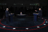 President Donald Trump and Democratic presidential candidate former Vice President Joe Biden participate in the first presidential debate Tuesday, Sept. 29, 2020, at Case Western University and Cleveland Clinic, in Cleveland, Ohio. (Olivier Douliery/Pool vi AP)