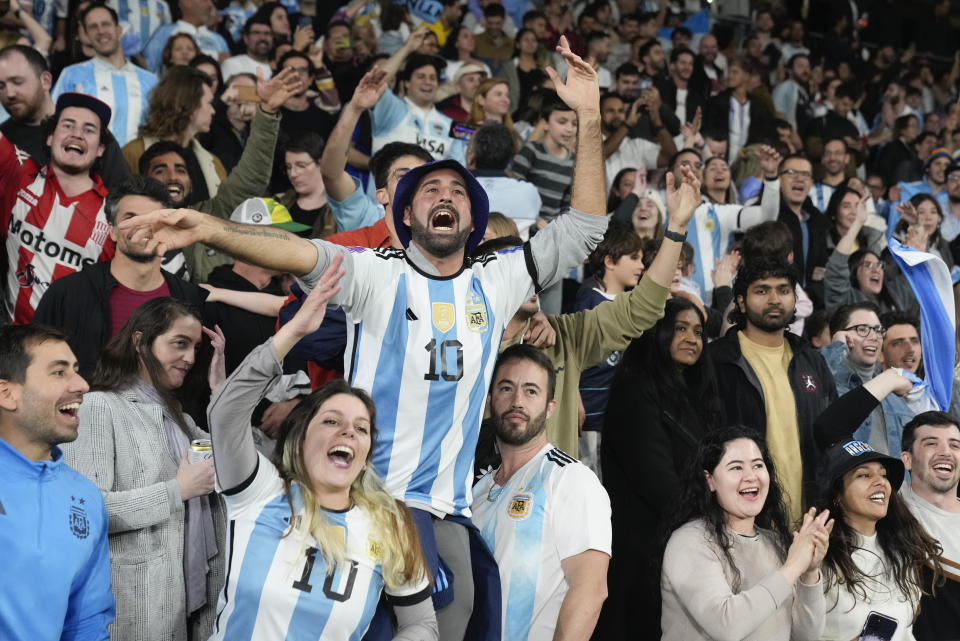 Argentinian fans celebrate following their team's win in the Rugby Championship test match between Australia and Argentina in Sydney, Australia, Saturday, July 15, 2023. (AP Photo/Rick Rycroft)