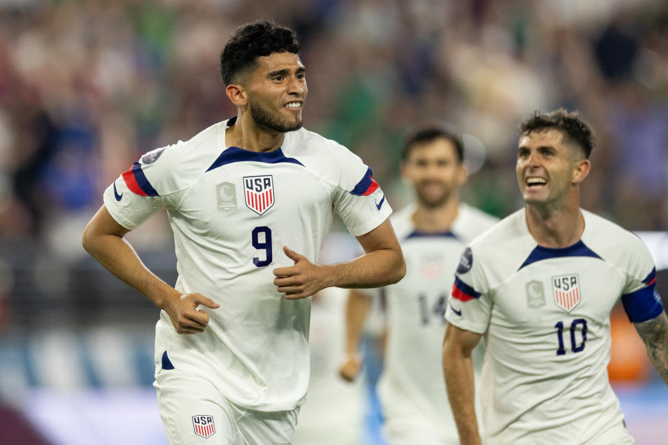 LAS VEGAS, NV - JUNE 15: Ricardo Pepi #9 Christian Pulisic #10 of the United States celebrates the goal with teammates during a game between Mexico and USMNT at Allegiant Stadium on June 15, 2023 in Las Vegas, Nevada.  (Photo by John Dorton/USSF/Getty Images for USSF)