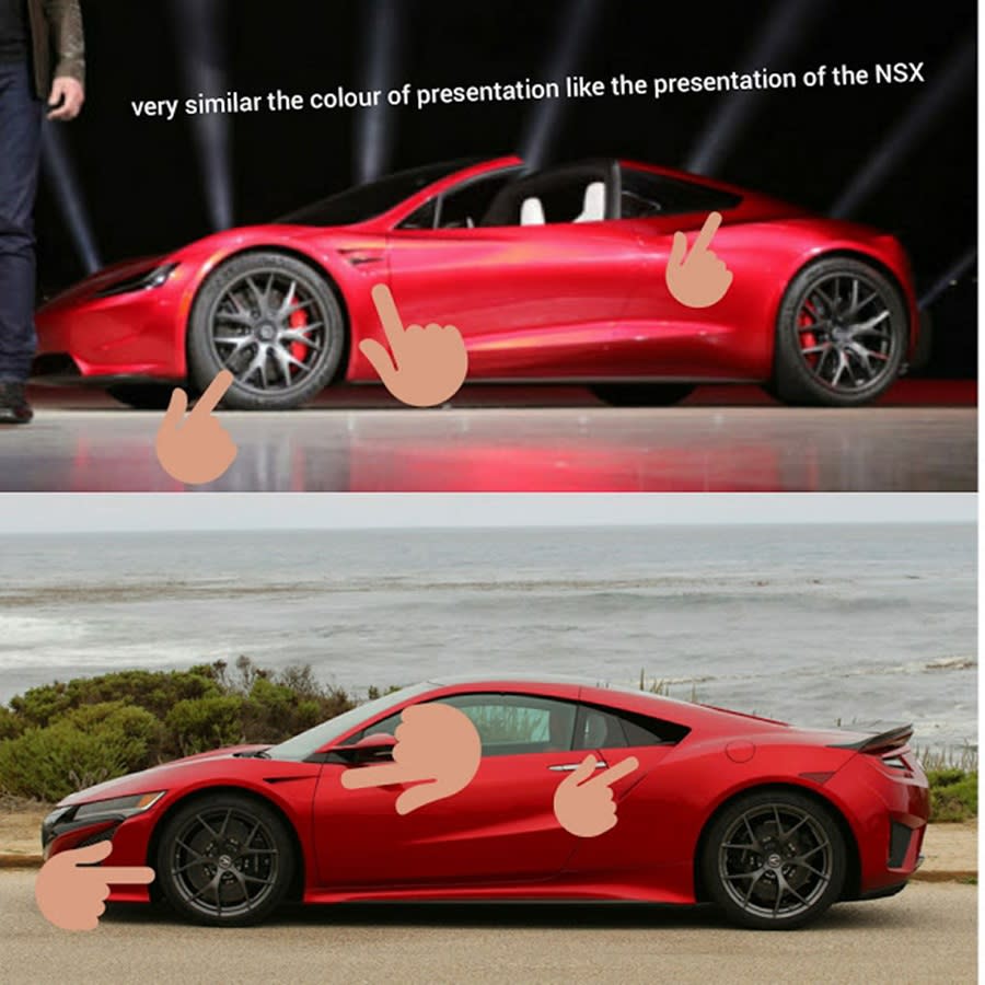 車紅是非多！Tesla Roadster外型抄襲Honda NSX？