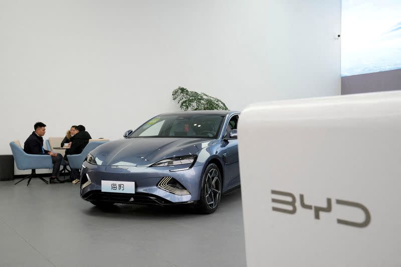 FILE PHOTO: A BYD EV at a car dealership in Shanghai