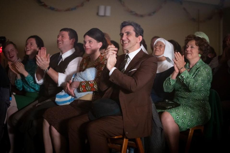 Stephen McGann as Dr Patrick Turner, Jenny Agutter as Sister Julienne and Annabelle Apsion as Violet Buckle in the Christmas Special. They are all clapping. 