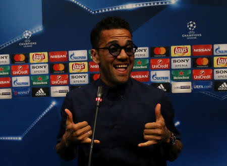 Soccer Football - Juventus news conference - UEFA Champions League Quarterfinal - Camp Nou stadium, Barcelona, Spain - 18/4/2017 - Juventus's Dani Alves attends a news conference. REUTERS/Albert Gea