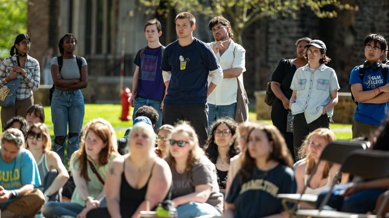 Students and faculty listen to a speaker during Hamilton College's Students for Justice in Palestine gathering at Hamilton College in Clinton, NY on Thursday, May 2, 2024.