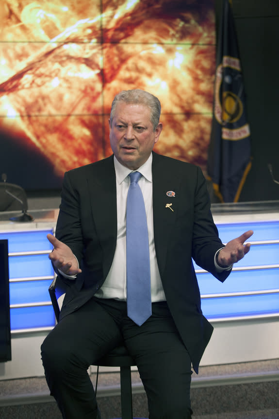 Former Vice President Al Gore speaks to reporters at NASA's Kennedy Space Center in Florida during the first launch attempt of the Deep Space Climate Observatory on Feb. 8, 2015. The space weather satellite launched on Feb. 11, a sight that Gor