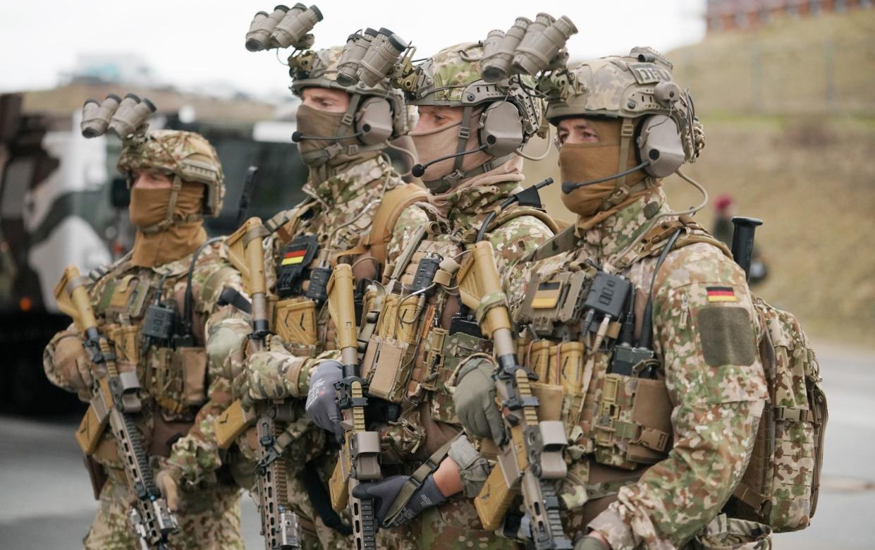 Kommando Spezialkraefte (KSK) special forces during a visit by Olaf Scholz, the German chancellor, to the main KSK training facility in Calw on Tuesday. The KSK is an elite unit of the Bundeswehr, the German armed forces, and participates in NATO's Special Operations Land Task Groups