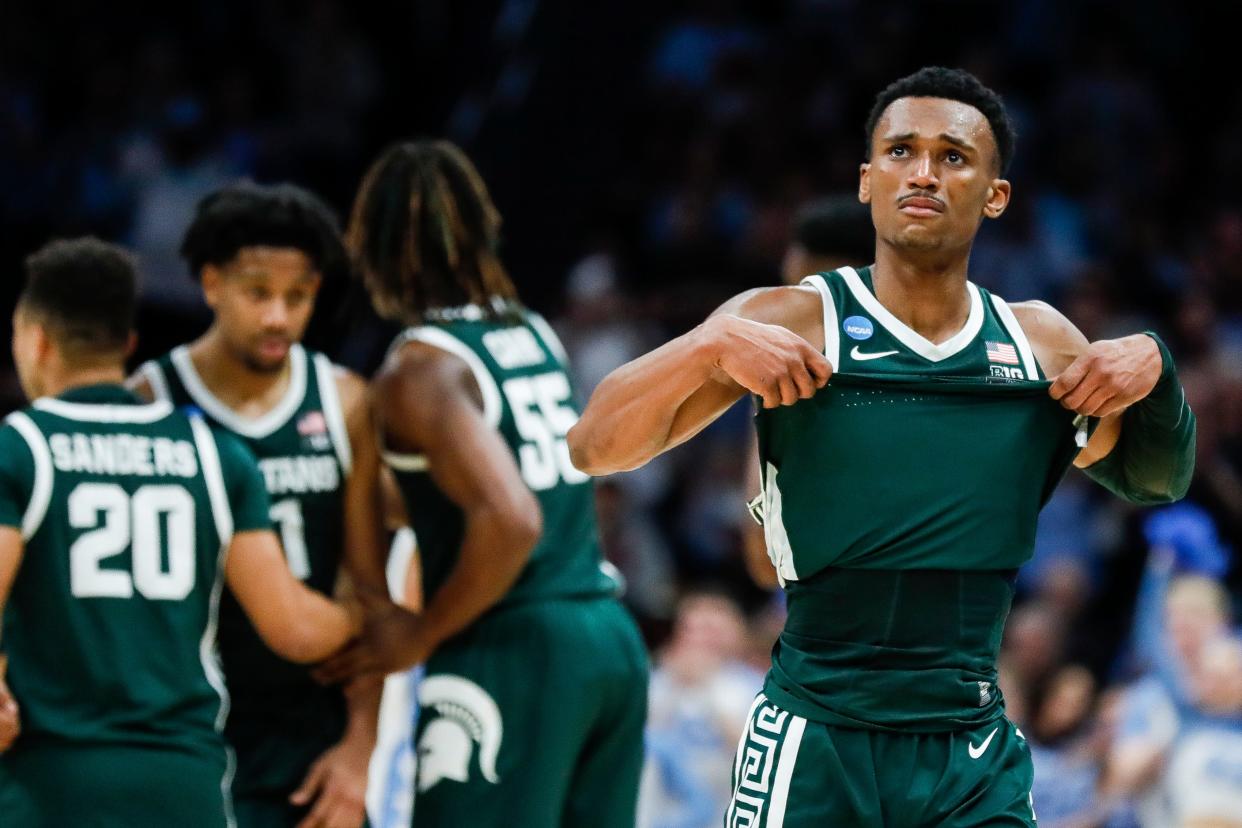 Michigan State guard Tyson Walker (2) walks off the court for substitution in the last seconds of the second half of the NCAA tournament West Region second round against North Carolina at Spectrum Center in Charlotte, N.C. on Saturday, March 23, 2024.