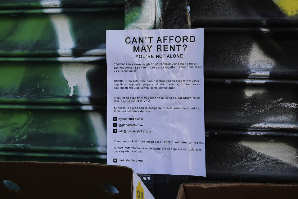 Photo by: John Nacion/STAR MAX/IPx 2020 5/16/20 A view of a poster offering help with rent during the coronavirus pandemic on May 16, 2020 in New York City. COVID-19 has spread to most countries around the world, claiming over 308,000 lives with over 4.6 million infections reported. (NBC News)—— House passes' $3T 'HEROES' aid for stimulus checks, rent assistance.