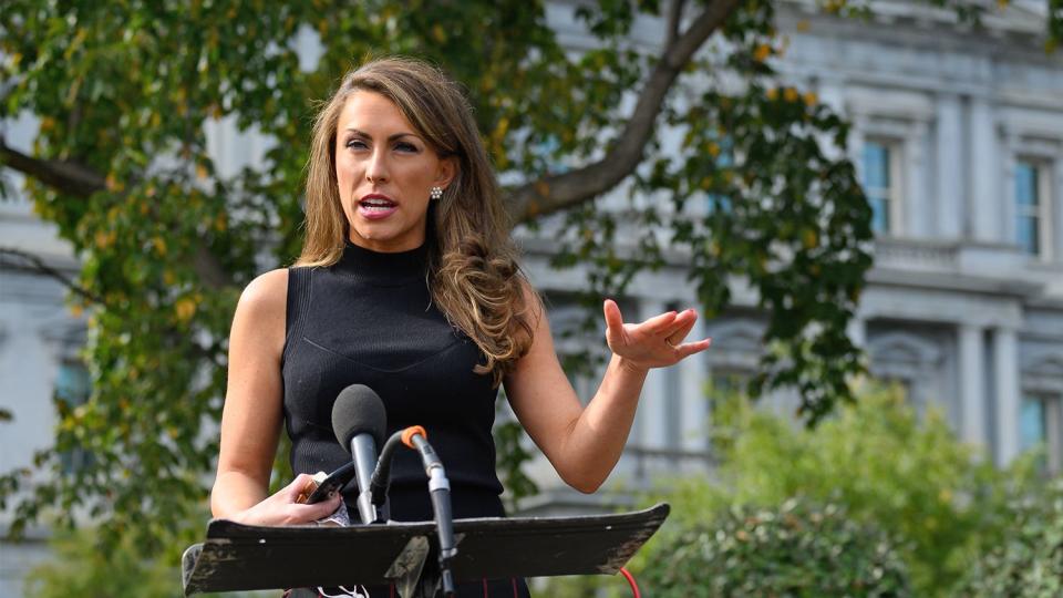 Alyssa Farah, White House director of strategic communications, speaks to members of the media outside the White House in Washington, D.C., U.S., on Friday, Oct. 9, 2020. President Donald Trump said he wants an even bigger stimulus than what Democrats have offered so far, yet another turnabout in his position and one that seemed to undercut his own negotiators.