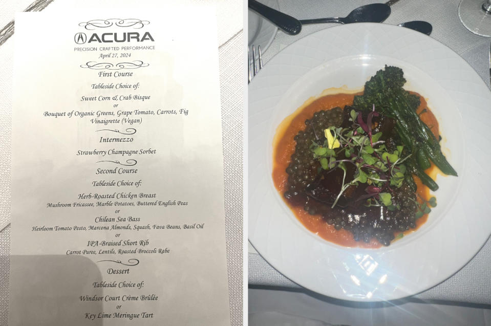 Menu from an Acura event on April 14, 2022, and a plated entrée featuring a meat dish with sauce, greens, and a garnish