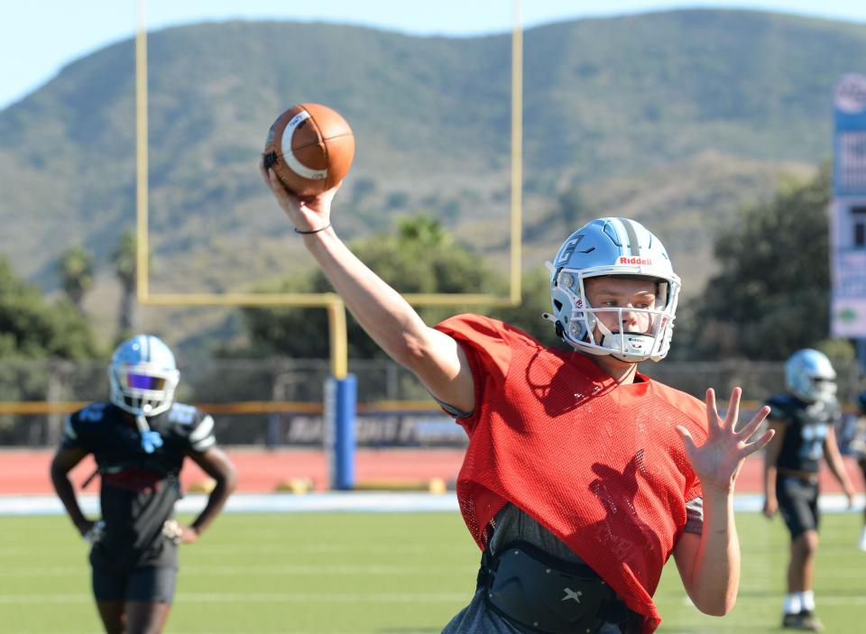 Quarterback Macloud Crowton fires a pass during a Moorpark College football practice on Tuesday, Aug. 29, 2023. The Raiders open their season against Palomar at home Saturday at 6 p.m.