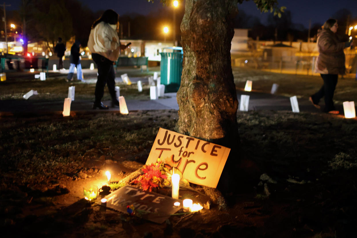 People attend a candlelight vigil in memory of Tyre Nichols at the Tobey Skate Park on January 26, 2023 in Memphis, Tennessee.