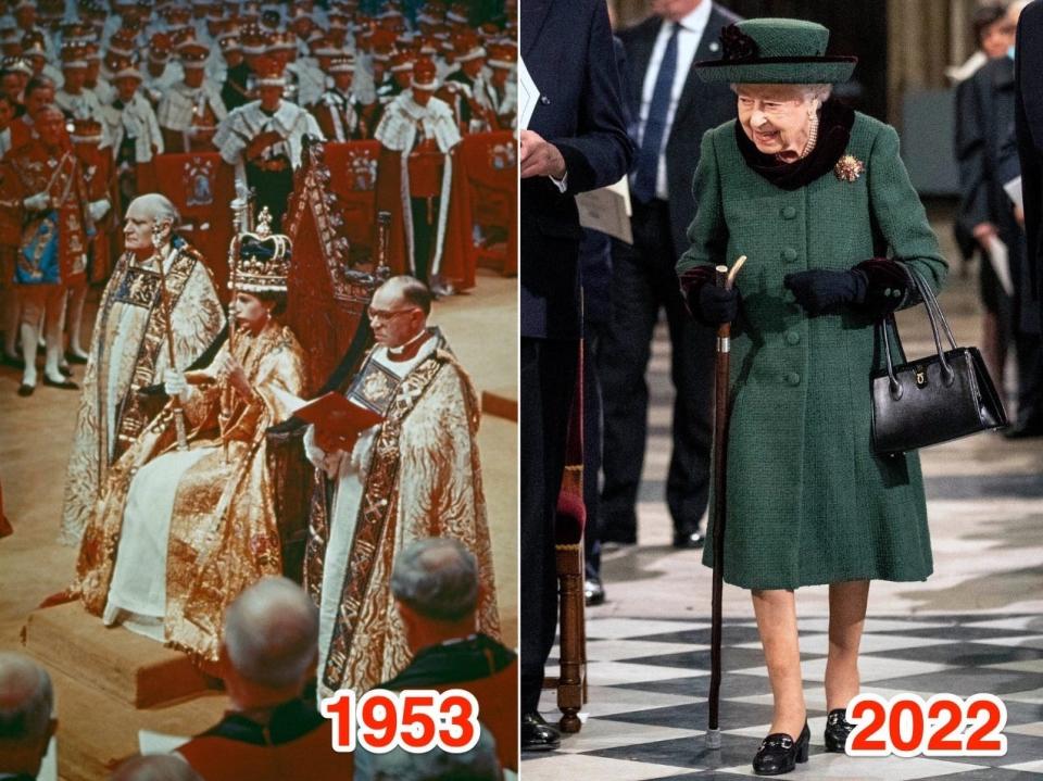 Queen Elizabeth II at Westminster Abbey during her 1953 coronation (left) and the Service of Thanksgiving for the Duke of Edinburgh in 2022 (right).