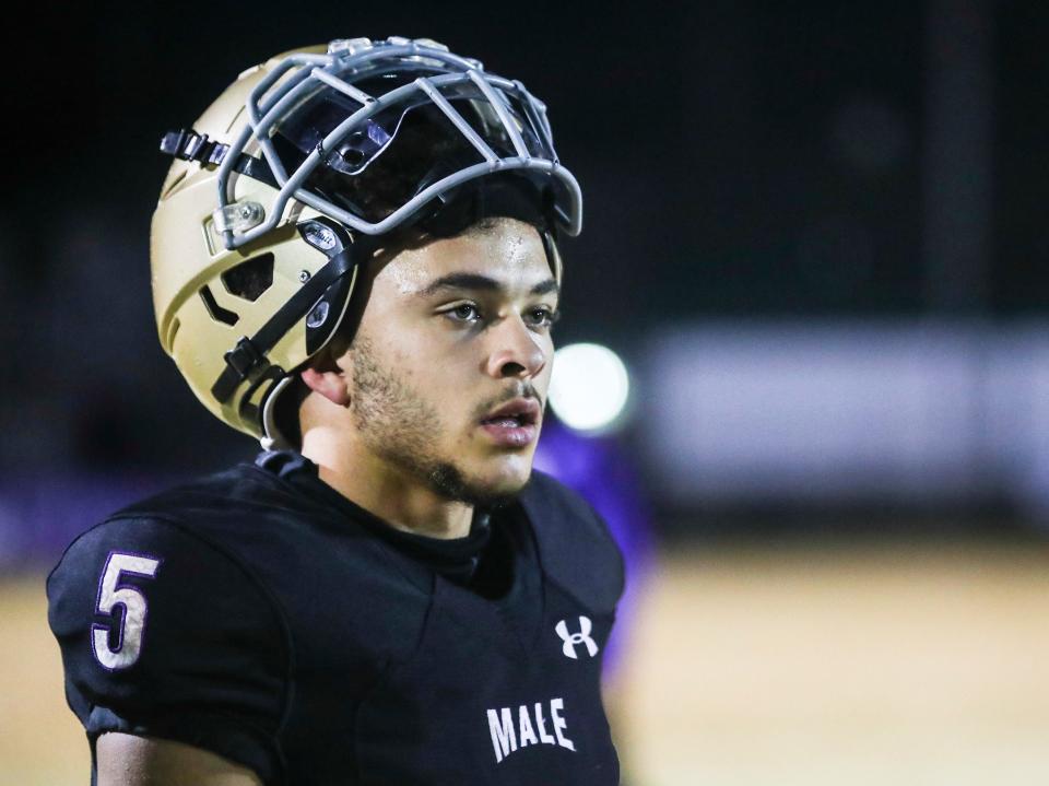 Male's top receiver Max Gainey before the game against Lexington's Frederick Douglass Friday night. Nov. 17, 2023.