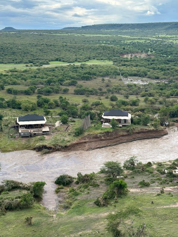 FILE PHOTO: A view from a helicopter shows safari lodges near the river within the flooded area following heavy rainfall in the Talek region, of the Maasai Mara