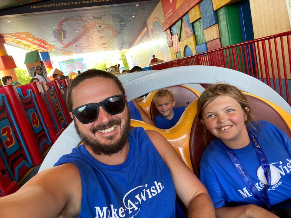 Nick Buckley, Charlie Buckley, Oliver Buckley and Alexis Buckley (not pictured) ride Slinky Dog Dash at Disney World's Hollywood Studios in Orlando, Florida during the family's Make-A-Wish vacation on Thursday, June 23, 2022. The wish trip was delayed over two years due to the pandemic.