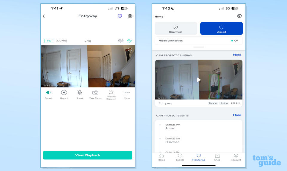 Wyze Home Monitoring armed camera in Wyze app