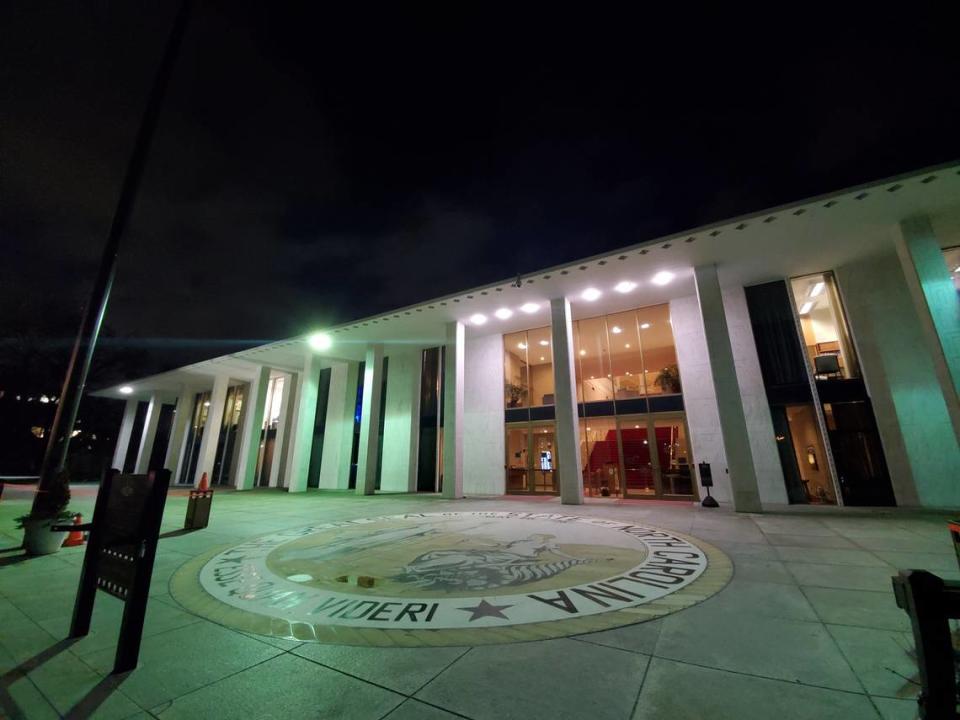 The North Carolina Legislative Building in downtown Raleigh, seen at night in January 2021.