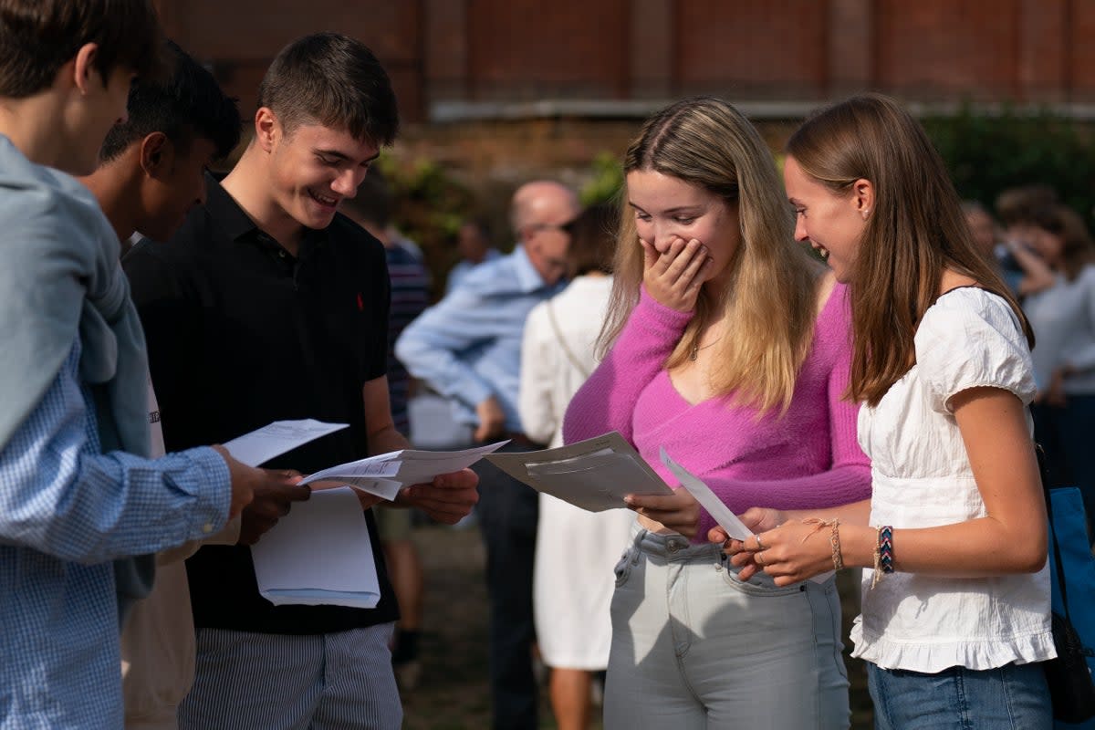 Abi Hill (right) and Anna Austin celebrate with friends as they receive their A-level results at Norwich School (Joe Giddens/PA) (PA Wire)