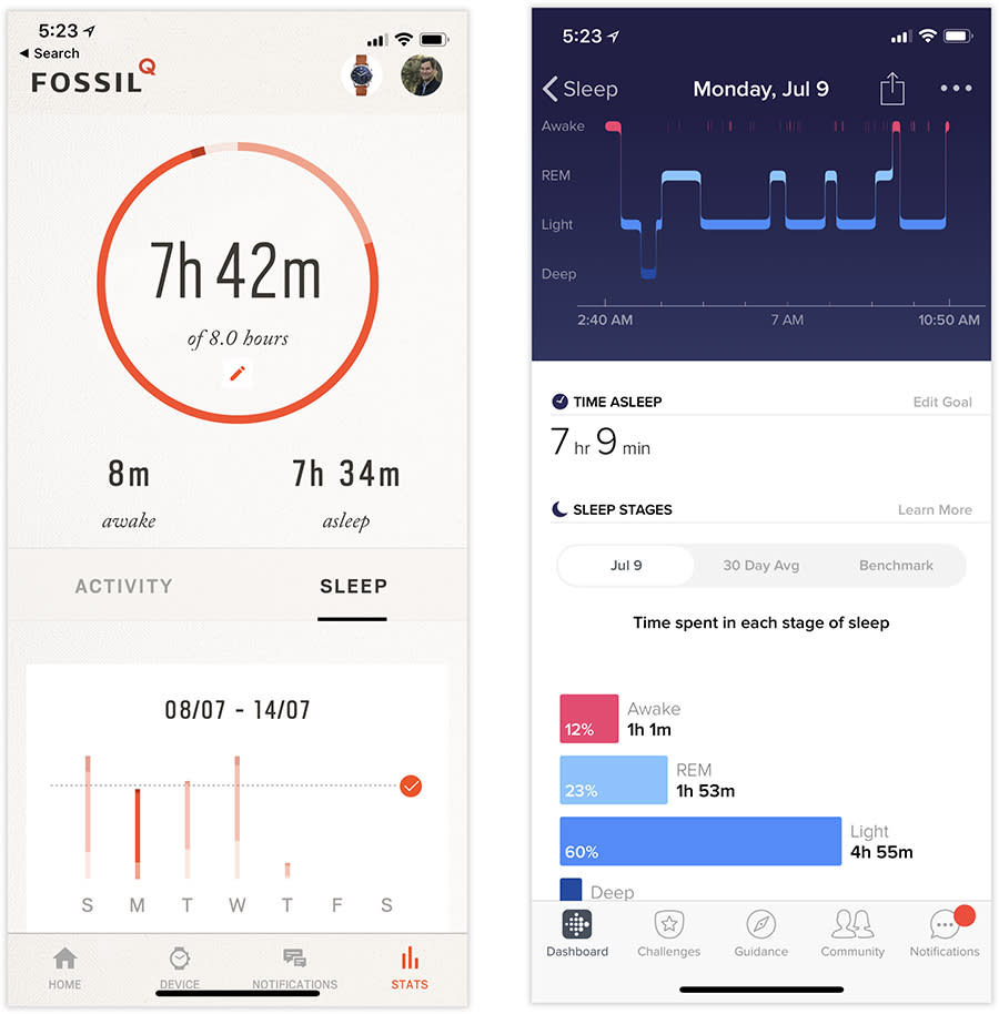 Fossil’s sleep tracking (left) isn’t as accurate or detailed as Fitbit’s (right).