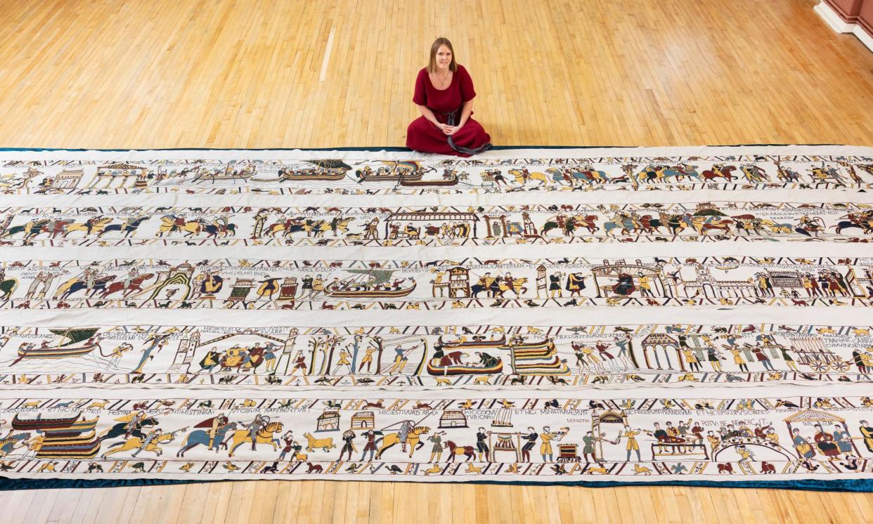 <span>‘The more I sew, the more is behind me, and I feel quite sad about that’: Mia Hansson with her tapestry.</span><span>Photograph: Fabio De Paola/The Guardian</span>