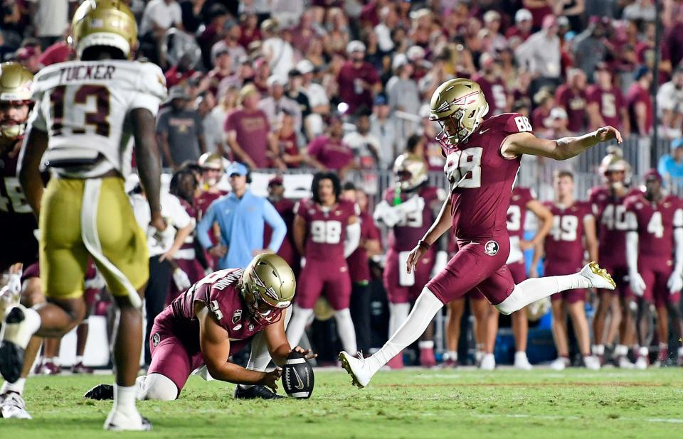 Sep 2, 2024; Tallahassee, Florida, USA; Florida State Seminoles kicker Ryan Fitzgerald (88) makes a field goal during the first half against the Boston College Eagles at Doak S. Campbell Stadium. Mandatory Credit: Melina Myers-USA TODAY Sports