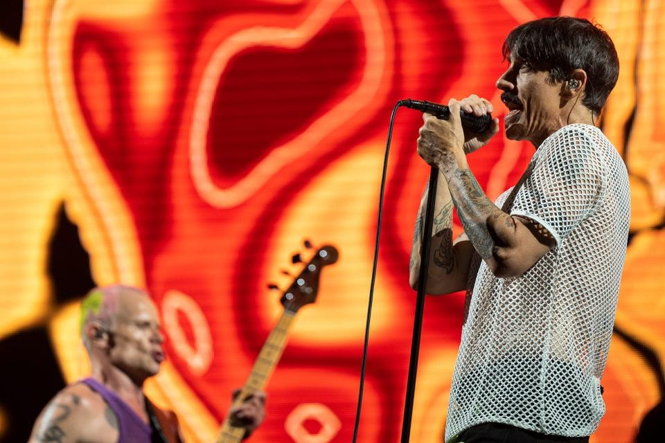 Anthony Kiedis, lead singer of the Red Hot Chili Peppers performs with the band on Oct. 16, 2022 during the Austin City Limits Music Festival.