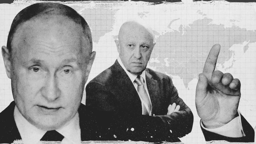 Illustration of Vladimir Putin, Yevgeny Prigozhin and a world map